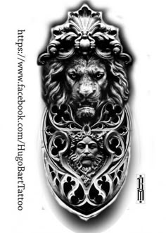 a black and white photo of a lion's head on the side of a shield