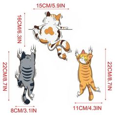 three cartoon cats are shown in different sizes