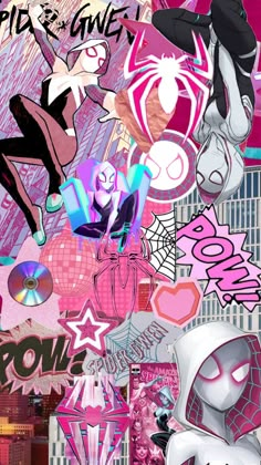 a collage of various cartoon characters with pink and purple colors on the background, including spider - man