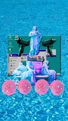 the statue of liberty is surrounded by three pink frisbees in blue water