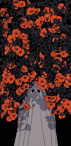 an orange and black painting with flowers in the foreground, on a black background