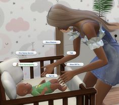 a woman is touching a baby in a crib with many chat bubbles above her