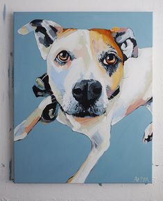 a painting of a dog on a blue background