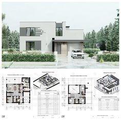 two story house plans with garage and living room in the middle, one bedroom on the second floor