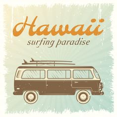 a van with surfboards on the roof is parked in front of an orange and blue background