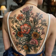 Detailed Cover Up Tattoo Tattoo Kit Full Back Nature Tattoo, Wild Flower Back Tattoo, Cover Up Floral Tattoo, Feminine Full Back Tattoos, Blue Sleeve Tattoo, Garden Spider Tattoo, Underboob Cover Up Tattoo, Tramp Stamp Cover Up Tattoos Before And After, Willow Tree Tattoo For Women