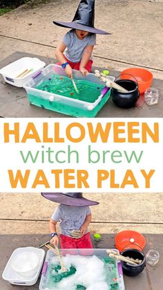 two children in witches hats are playing with water and sand at the same time, while text reads halloween witch brew water play