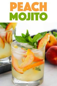 peach mojito cocktail with mint garnish and fresh peaches on the side