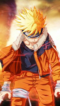 an anime character with yellow hair and orange pants, standing in front of a dark background