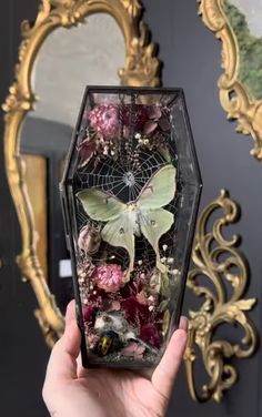 a person holding up a glass box filled with flowers and butterflies in front of a mirror