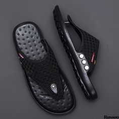 Russoo - Mens Non-slip Comfort Outdoor Sandals: Rubber Sole & Fabric Uppers Flip Flops, Ideal for Summer Casual Wear Black Cushioned Slip-ons For Summer, Black Round Toe Slip-ons For Beach, Black Synthetic Slip-ons For Summer, Beach Slip-ons With Non-slip Round Toe, Black Slip-ons With Cushioned Footbed For Summer, Beach Slip-ons With Non-slip Sole, Non-slip Slip-ons For The Beach, Non-slip Beach Slip-ons, Black Round Toe Slip-ons For Summer