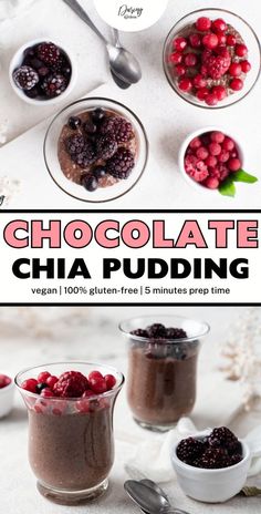 chocolate chia pudding with raspberries in small bowls and spoons on the side