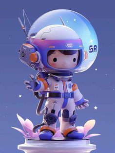 a cartoon character in an astronaut suit standing on top of a white pedestal with flowers