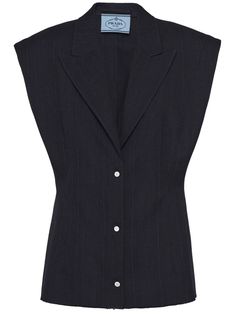 navy blue virgin wool vertical stripe pattern peak lapels front button fastening shoulder pads sleeveless detachable waist belt belt loops unlined straight hem Fashion Study, Sleeveless Blazer, Blazer Blue, Versace Outfit, Yoko London, City Dress, Summer Beach Wear, Ski Wear, Wool Blazer