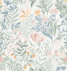 a floral wallpaper pattern with many different flowers and leaves in pastel colors on a white background