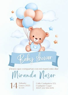 a baby shower with a teddy bear holding blue and pink balloons in the air, on a white background