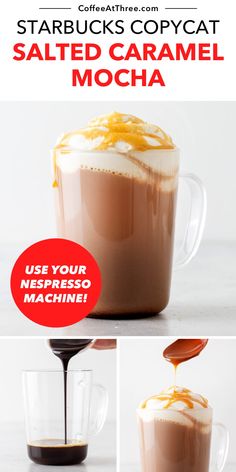 salted caramel mocha in a glass mug being poured into the cup and topped with whipped cream