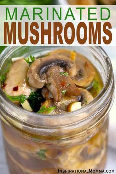 a jar filled with mushrooms and broccoli on top of a table