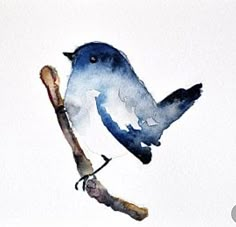 a watercolor painting of a blue bird perched on a branch