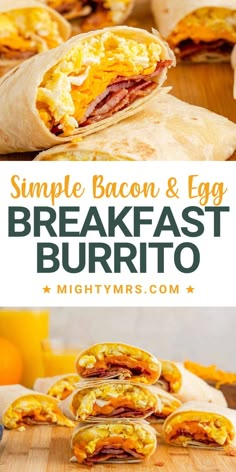 an egg breakfast burrito is cut in half and stacked on top of each other