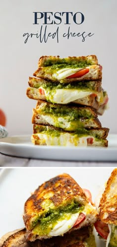 grilled cheese sandwiches stacked on top of each other with pesto and mozzarella