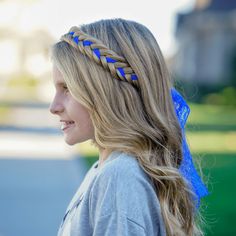 If you like a little color, you’ll love the Lacey braid! This beautiful headband braid has a lacy blue ribbon braided right in, with long loose ends to tie in a big bow. It’s such a fun, pretty look! People will go crazy over your daughter’s hair wherever she wears her Lacey braid: in school, at parties, in pictures, and even just around the house. Color Matching: Don't be afraid to go a shade lighter or darker than your hair, take into consideration your hair coloring at it's roots and ends, al Headband Braid, New Braided Hairstyles, Girl Hair Dos, Ribbon Braids, Headband Fashion, Beautiful Hair Accessories, Two Braids, Brunette Highlights, Loose Ends