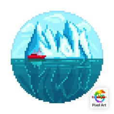 an image of a boat floating in the ocean with icebergs behind it and text that reads pixel art