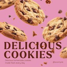 the cover of delicious cookies is shown with chocolate chips falling out of it and pink background