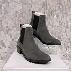 Slip On Chelsea Boots With Black Elastic Gussets Color: Grey Suede Original Shoe Box Included New *Model Is Wearing The Color Cognac Gray Round Toe Formal Boots, Gray Round Toe Boots For Formal Occasions, Gray Formal Boots With Round Toe, Gray Formal Boots For Fall, Formal Gray Boots For Fall, Chic Gray Leather Boots, Elegant Gray Round Toe Boots, Gray Leather Boots Medium Width, Steve Madden Black Boots