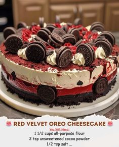 a red velvet oreo cheesecake cake with chocolate cookies and cream frosting on top