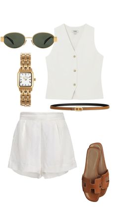 a women's outfit with sunglasses, sandals and a watch