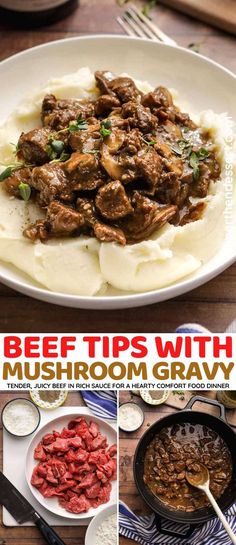 beef tips with mushroom gravy in a white bowl