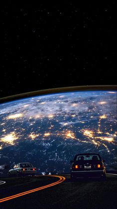 the earth as seen from space, with cars driving on it's side in front of them