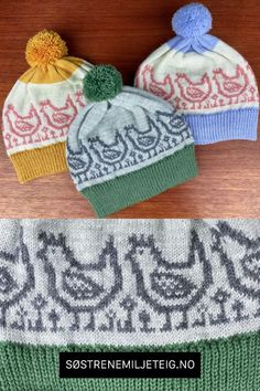 three knitted hats with different colors and designs on them, one is green, the other is blue