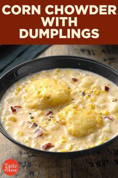 corn chowder with dumplings in a black bowl