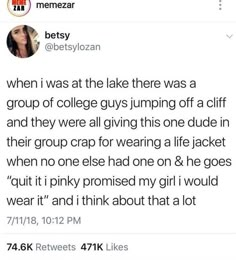 a tweet with the caption'when i was at the lake there was a group of college guys jumping off a cliff and they were all giving this one