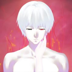 an anime character with white hair and red eyes holding his hand to his face while standing in front of a pink background