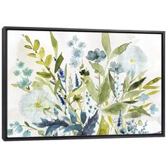 a painting with blue flowers and green leaves on the wall above it is a white background