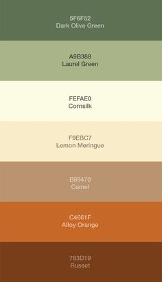 Color Pallet of: Dark Olive Green, Laurel Green, Cornsilk, Lemon Meringue, Camel, Alloy Orange and Russet Earthy Room Color Palette, Earth Tone Green Paint Colors, Color Pallets Bedroom, Earth Tones Color Scheme, Earth Colours Palette, Earth Toned Office, Color Schemes For Small Spaces, Colour Pallets For Living Room, Earthly Tones Palette