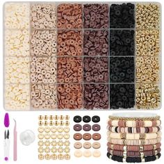 the beading kit is packed with beads, buttons and other crafting supplies for making bracelets