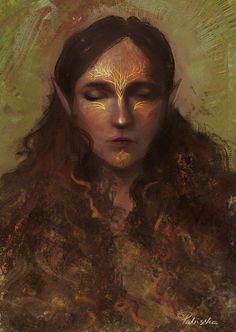 a painting of a woman with gold painted on her face