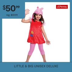 Peppa pig deluxe costume will fuel your child's imagination for hours of play! Deluxe costume comes complete with a lovely red top with frilly lace trim at the shoulders and cute teddy popping out of the front pocket, matching leggingsCharacter: Peppa PigBase Material: 100% PolyesterCare: Hand WashCountry of Origin: Imported Peppa Pig Costume, Pig Costume, Pig Costumes, Cute Teddy, Red Top, Peppa Pig, Front Pocket, Lace Trim, Fuel