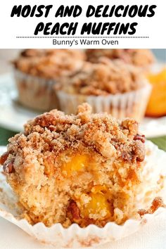 a close up of a muffin on a plate with the words, most and delicious beach muffins