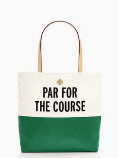 a green and white tote bag with the words par for the course on it