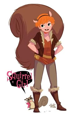 a drawing of a girl with an orange hair and brown boots standing in front of a squirrel