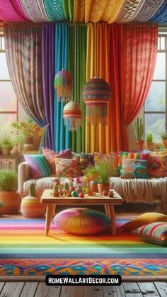 a living room filled with lots of colorful curtains