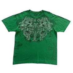 MMA Elite Skull Cross Grunge Cyber Y2K Style T-Shirt * info : Classic Color / Good Condition * Color : Green * Size : XL * Condition : 9/10 - There is a flaw in the last picture, a slight stain. does not effect wearing. Measurements: Chest : 23 inch  Length : 27.5 inch Follow my store !! - New interesting items every day - Quick reply to your message - Worldwide Shipping Shipping: Item will shipped out in 1-2 days after full payment received. Economy Shipping 7-15 days, so please make sure your Casual Tops With Skull Graphic Design, Green Band Merch Top With Sublimation Print, Green Punk Style Crew Neck T-shirt, Short Sleeve Top With Skull Print For Streetwear, Green Punk Style T-shirt For Streetwear, Green Skull Print Tops For Streetwear, Green Graphic Tee, Green Graphic Band Merch Tops, Green Graphic Print Y2k Tops