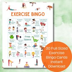 a poster with the words exercise bingo on it and an image of people doing yoga