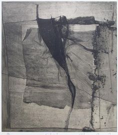 an abstract painting with black and white lines on it's side, in the middle of