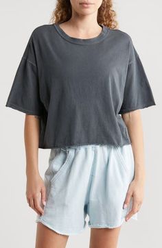 Whether you're warming up or cooling down on the pickleball court, you'll love rocking the boxy, slightly cropped fit of this all-cotton T-shirt. 20" length" (size Medium) Crewneck Elbow-length sleeves 100% cotton Machine wash, tumble dry By Free People; imported Sporty Crew Neck Relaxed Fit Crop Top, Comfortable Cropped Cotton Top, Washed Black Relaxed Fit Top For Loungewear, Washed Black Short Sleeve Loungewear Top, Washed Black Crew Neck Top For Loungewear, Black Relaxed Fit Cropped T-shirt Athleisure, Black Loose Fit Cropped Cotton T-shirt, Black Boxy Cropped Cotton T-shirt, Relaxed Washed Black Cotton Top